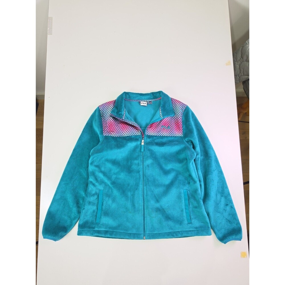 Vtg 90s Fila Womens L Sherpa Jacket Green Geometric Full Zip Athletic Sport